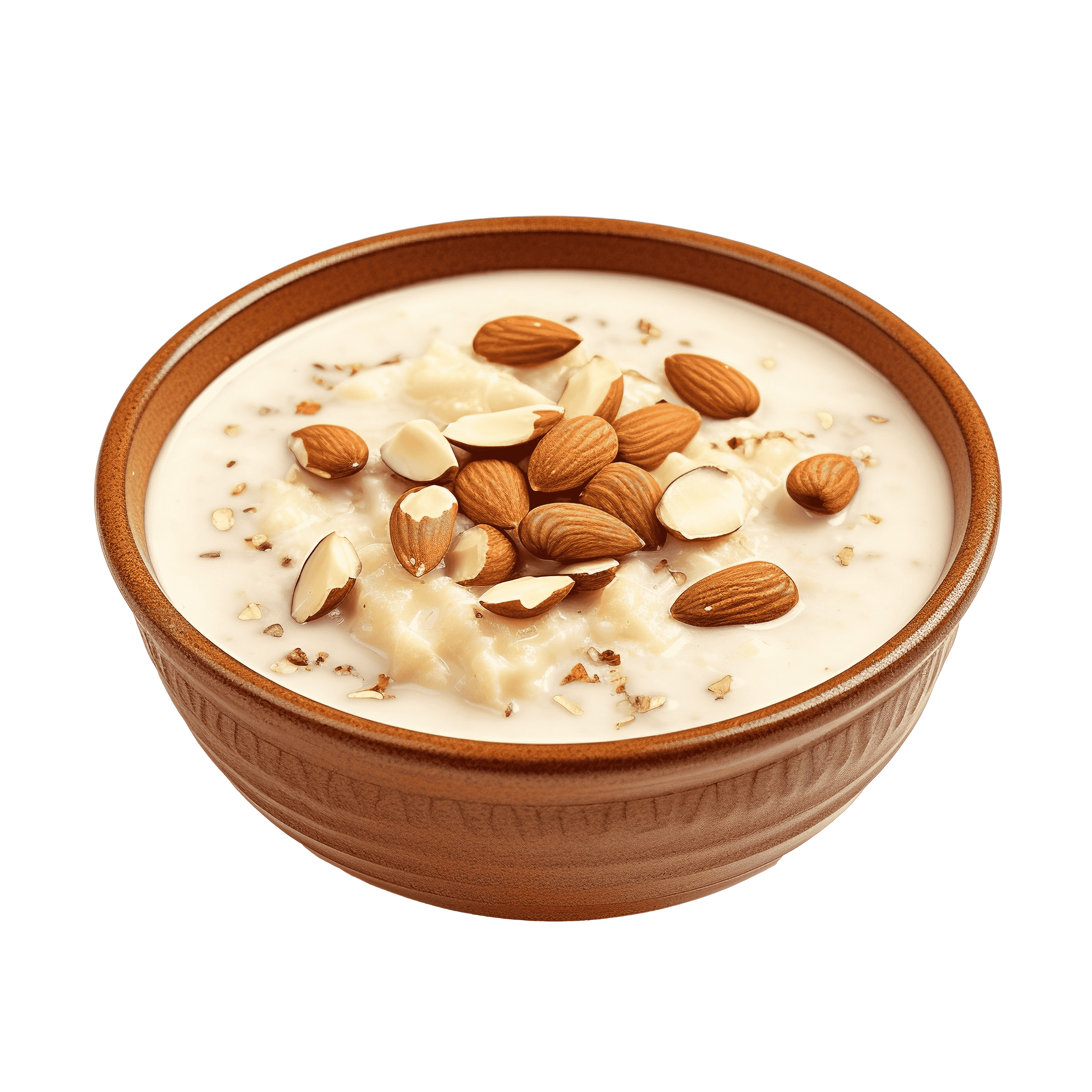 یک ظرف سفالی که داخل ان فرنی برنج و روی ان تکه های بادام است . برای دیدن دسر ها اینجا کلیک کنید